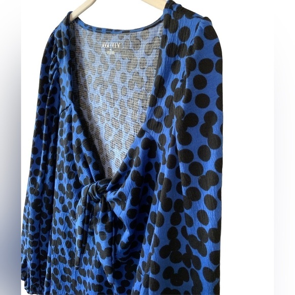 Ava & Viv 🆕 Royal Blue w/ Black Dot Blouse Balloon Sleeve Ruching Knot Front - Picture 6 of 9